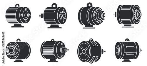 A set of electric motors in black and white vector style, ideal for engineering and industrial design projects