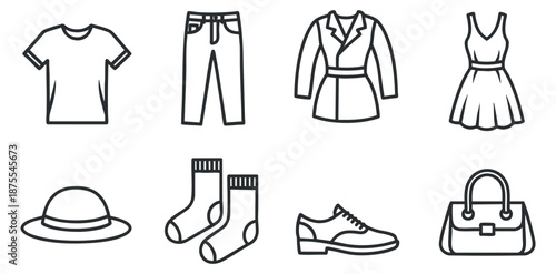 A collection of clothing items including a t-shirt, jeans, jacket, dress, hat, socks, and handbag in minimal outline vector style, suitable for fashion design and branding