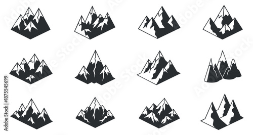 A collection of mountain illustrations featuring various peaks and slopes in clean black and white geometric vector style, suitable for outdoor adventure themes