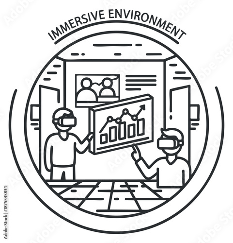 A digital immersive environment illustration featuring a person wearing VR headset interacting with data graphs in a modern outline vector style, ideal for technology and innovation projects