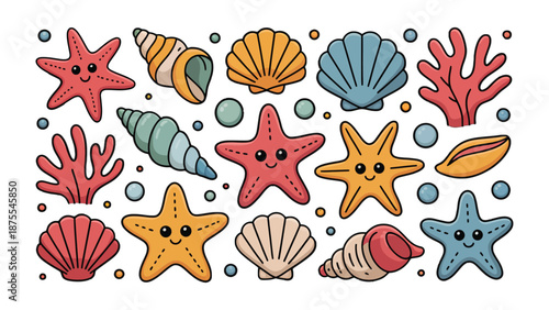 Ocean Wonders: A vibrant collection of marine life elements, with the charm of playful starfish, intricately designed seashells, and graceful coral.