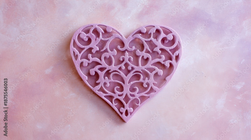 Fototapeta premium A heart shape with intricate designs is placed on a light pink background. The object has a smooth texture and detailed patterns.