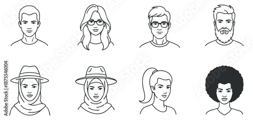 A collection of diverse line art portraits of people in minimalist black and white style, suitable for social media and branding projects