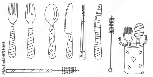 A collection of hand-drawn kitchen utensils including forks, spoons, and knives in outline vector style, suitable for culinary designs