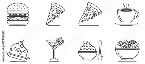 A collection of food icons including a burger, pizza slices, cocktail, ice cream, soup, and dessert in minimalist outline vector style, ideal for restaurant menus and food branding