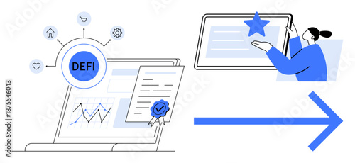 Financial technology, blockchain, decentralized finance, digital assets, online certification, user interaction. Laptop with DEFI, graphs, documents and a user pointing to a digital interface