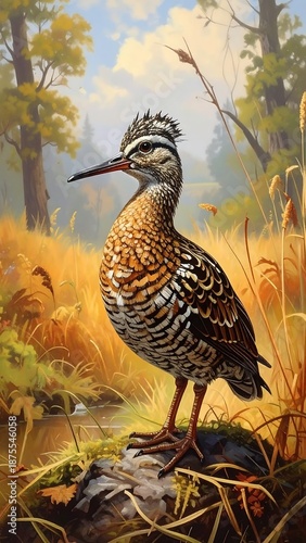 Brown, patterned bird stands on rock in grassy meadow with trees, under a blue and white sky