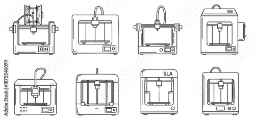 A collection of various 3D printers including FDM and SLA models in outline vector style, suitable for tech and design projects