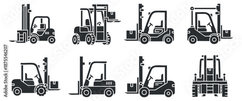 A set of forklift icons in black and white outline vector style, suitable for logistics and industrial design projects