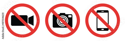 No photography, no video, and no phone use red round sign vector illustration, showing prohibition symbols, perfect for public places, restricted access areas, safety compliance, and warning graphics.