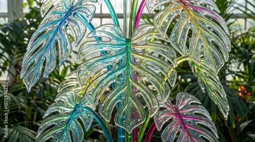 Translucent Glass Monstera Leaves Colorful Liquid Flowing Veins Tropical Botanical Art Surreal