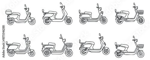 A collection of outline illustrations of electric scooters in minimalist vector style, suitable for transportation and eco-friendly design projects