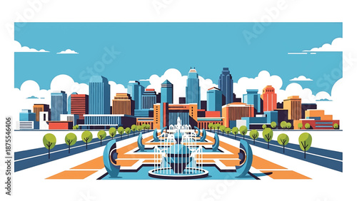 Flat vector illustration of a Kansas City-style skyline with low-to-mid rise buildings, abstract fountains and open boulevards, clean flat design in solid colors