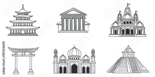 A collection of iconic architectural structures including a pagoda, temple, and pyramid in black and white outline vector style, suitable for design projects and educational materials