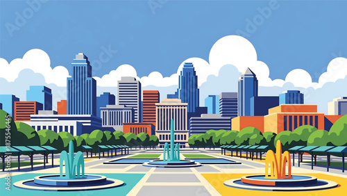 Flat vector illustration of a Kansas City-style skyline with low-to-mid rise buildings, abstract fountains and open boulevards, clean flat design in solid colors