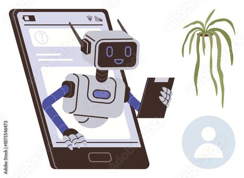 Artificial intelligence, virtual assistant, automation, digital tools, futuristic technology, online help. A smiling robot holding a clipboard emerging from a phone screen. Artificial intelligence