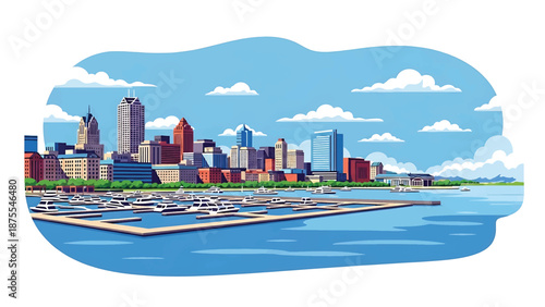 Flat vector illustration of a Milwaukee-style waterfront skyline with marina docks, lakeside buildings and calm urban scenery, clean flat vector design in solid colors