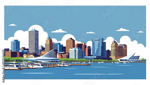 Flat vector illustration of a Milwaukee-style waterfront skyline with marina docks, lakeside buildings and calm urban scenery, clean flat vector design in solid colors