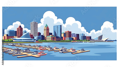 Flat vector illustration of a Milwaukee-style waterfront skyline with marina docks, lakeside buildings and calm urban scenery, clean flat vector design in solid colors