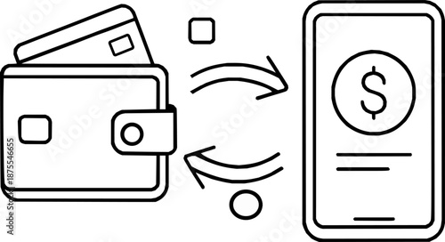Digital Wallet and Mobile Payment Transfer Line Vector Illustration