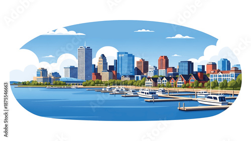 Flat vector illustration of a Milwaukee-style waterfront skyline with marina docks, lakeside buildings and calm urban scenery, clean flat vector design in solid colors