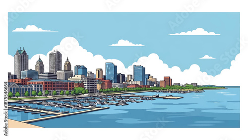 Flat vector illustration of a Milwaukee-style waterfront skyline with marina docks, lakeside buildings and calm urban scenery, clean flat vector design in solid colors