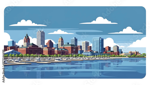 Flat vector illustration of a Milwaukee-style waterfront skyline with marina docks, lakeside buildings and calm urban scenery, clean flat vector design in solid colors