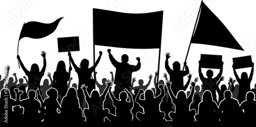 Silhouette protest crowd with raised hands, flags, and banners at demonstration symbolizing activism, freedom, unity, human rights, political movement, and social justice concept illustration