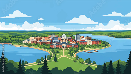 Flat vector illustration of a Madison-inspired cityscape positioned between lakes, featuring compact urban buildings, tree-lined shores and clean flat vector composition