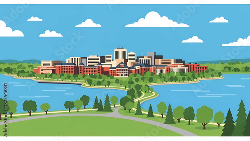 Flat vector illustration of a Madison-inspired cityscape positioned between lakes, featuring compact urban buildings, tree-lined shores and clean flat vector composition