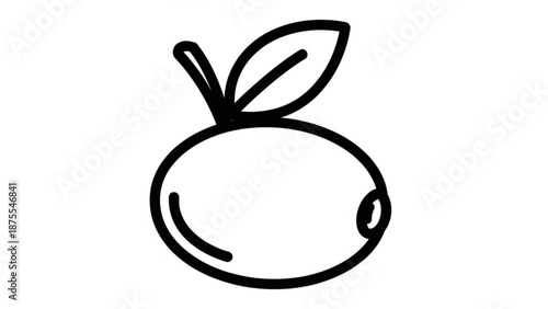 A simple black line art illustration of a fruit with a leaf on a white background