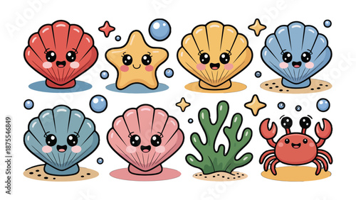 Joyful Marine Friends: A captivating illustration that showcases a collection of smiling seashell characters, starfish and a playful crab, all ready to swim in the sea.