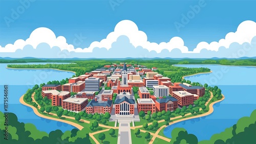 Flat vector illustration of a Madison-inspired cityscape positioned between lakes, featuring compact urban buildings, tree-lined shores and clean flat vector composition