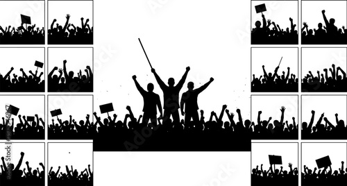 Silhouette protest illustration with raised fists, flags, and crowd scenes showing activism, unity, leadership, and collective action in dynamic black and white vector art