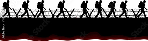 Silhouette refugees walking along barbed wire border symbolizing migration crisis, displacement, survival journey, conflict impact, border security, humanitarian issues,