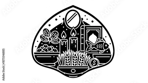 A minimalist black and white illustration of various objects in a teardrop shape