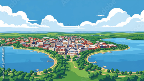 Flat vector illustration of a Madison-inspired cityscape positioned between lakes, featuring compact urban buildings, tree-lined shores and clean flat vector composition