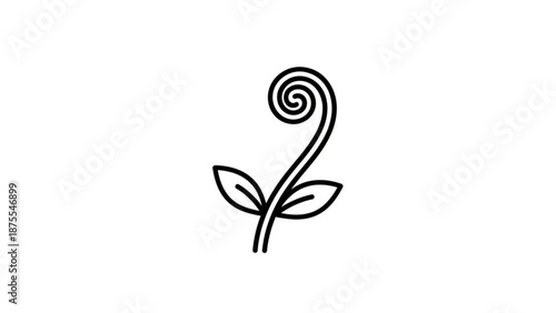 A minimalist black line art illustration of a sprouting plant with a spiral stem and two leaves on a white background