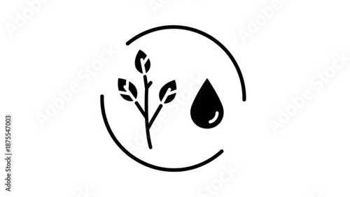 A minimalist vector graphic of a plant and water droplet in a circular design