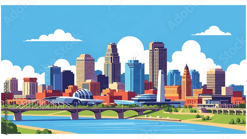Flat vector illustration of an Omaha-style skyline with riverfront setting, mixed modern buildings and open Midwest sky, rendered in solid flat vector colors
