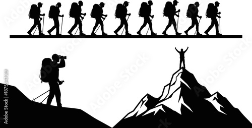Silhouettes of hikers and climbers in mountain scenes, showing teamwork, exploration, observation, and achievement in outdoor adventure and nature expedition themes.