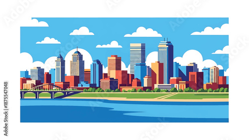 Flat vector illustration of an Omaha-style skyline with riverfront setting, mixed modern buildings and open Midwest sky, rendered in solid flat vector colors