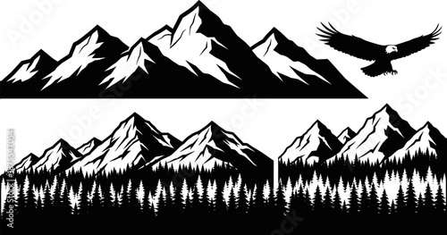 Silhouettes of mountain ranges with snow peaks, forest trees, and soaring eagle, ideal for nature themes, outdoor adventure, wilderness, and scenic landscape design.
