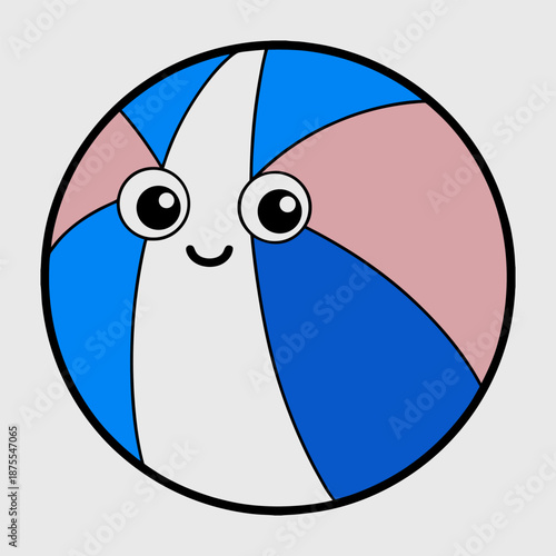 A smiling cartoon beach ball with blue white and pink panels