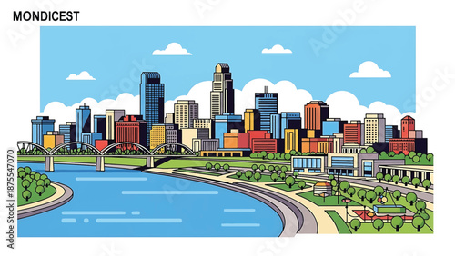 Flat vector illustration of an Omaha-style skyline with riverfront setting, mixed modern buildings and open Midwest sky, rendered in solid flat vector colors