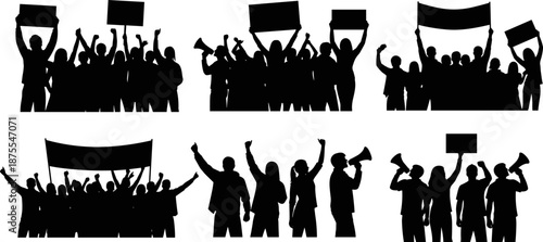 Silhouettes of multiple protest groups with signs, banners, and megaphones, symbolizing activism, unity, civil rights, public demonstration, and social justice movements.