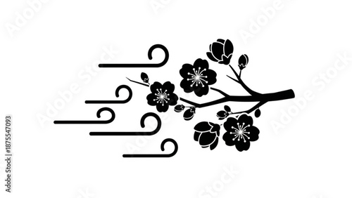 A minimalist black and white vector graphic illustration of a cherry blossom branch with swirling lines