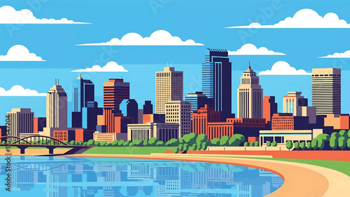 Flat vector illustration of an Omaha-style skyline with riverfront setting, mixed modern buildings and open Midwest sky, rendered in solid flat vector colors