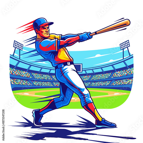 Dynamic cartoon baseball player hitting the ball with speed lines, energetic sports graphic.