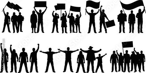 Silhouettes of protest groups with raised fists, signs, and flags in dynamic poses, symbolizing activism, unity, civil rights, and public demonstration energy.